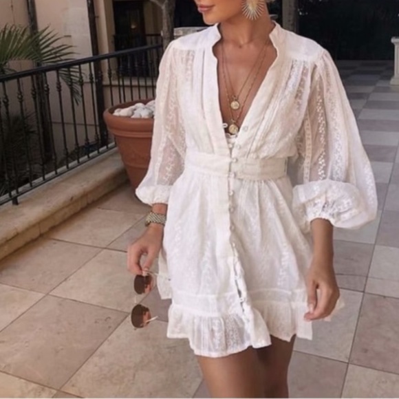 BellanBlue Dresses & Skirts - Boho V neck Ruffle Balloon Sleeve Mini Dress White